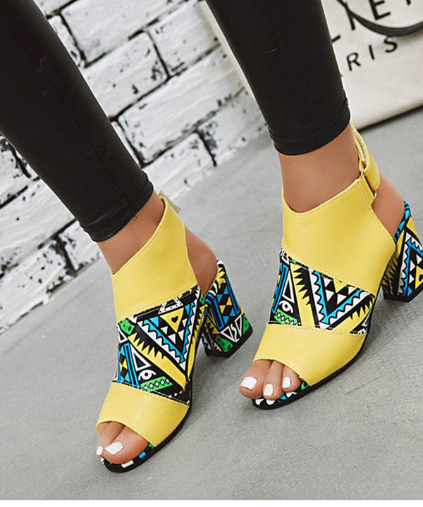 Geo Pattern Block Heel Sandals
