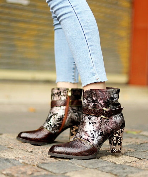 Vintage Floral Pattern Ankle Boots