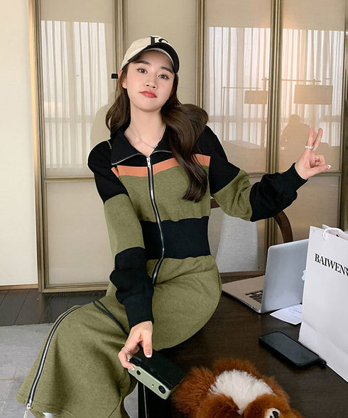 Color Block Zip-Up Long Dress