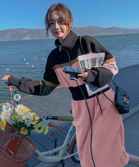 Color Block Zip-Up Long Dress