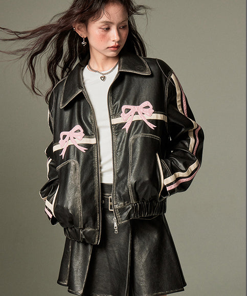 Ribbon Patchwork Faux Leather Jacket