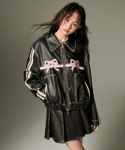 Ribbon Patchwork Faux Leather Jacket