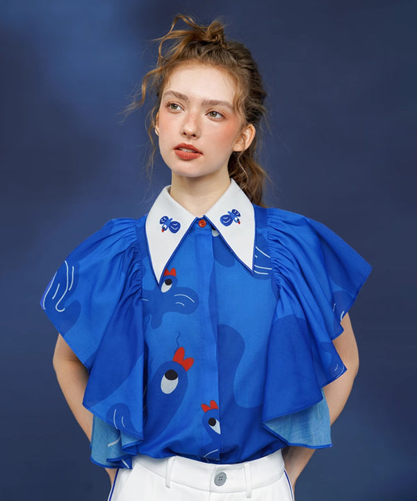 Blue Bird Ruffle Sleeve Blouse