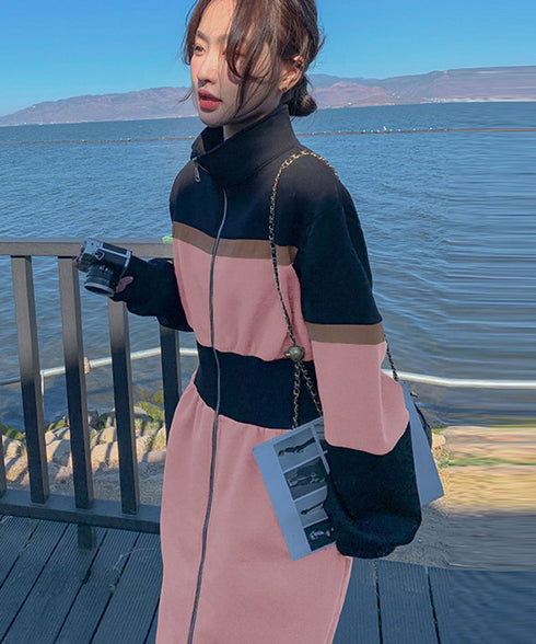 Color Block Zip-Up Long Dress