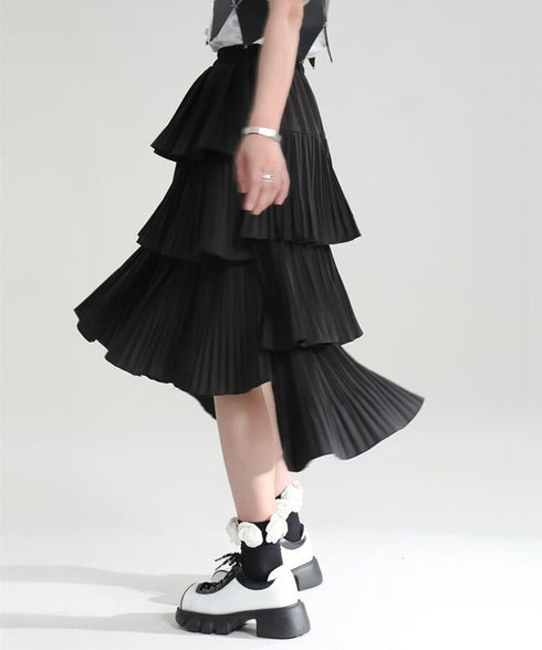Tiered Pleated Midi Skirt