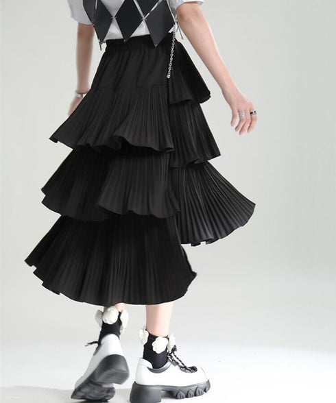 Tiered Pleated Midi Skirt