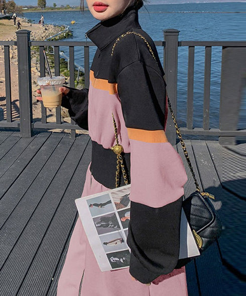 Color Block Zip-Up Long Dress