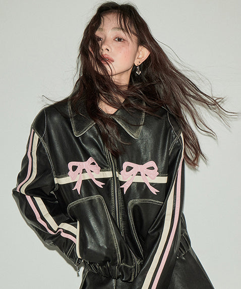 Ribbon Patchwork Faux Leather Jacket