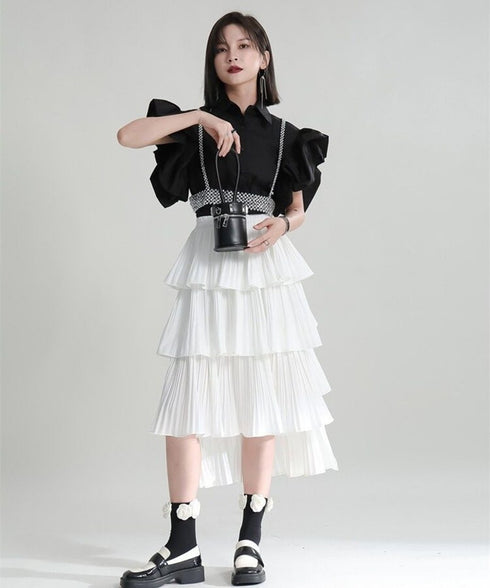 Tiered Pleated Midi Skirt