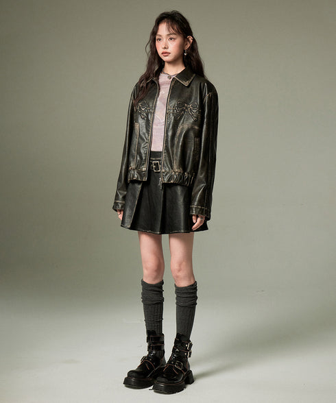 Ribbon Patchwork Faux Leather Jacket