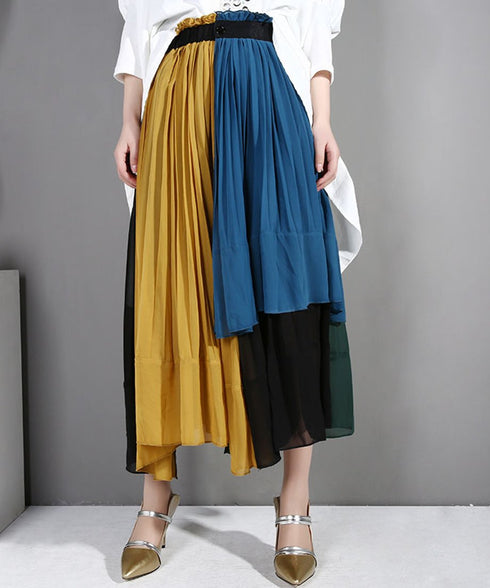 Pleated chiffon patchwork flared skirt