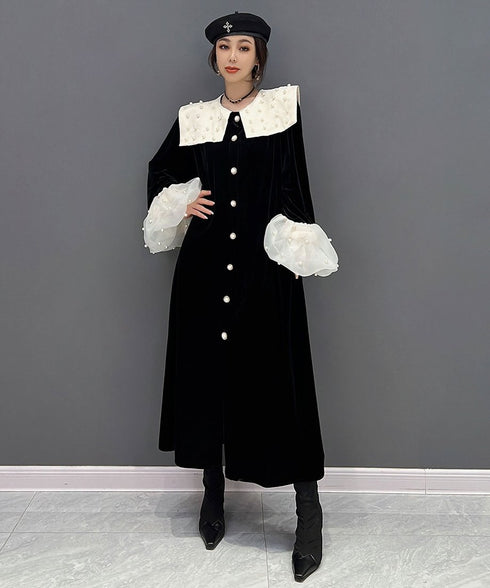 Velvet Pearl Collar Long Dress