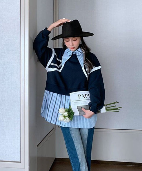 Layered Stripe Shirt Sweat Top