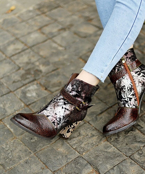 Vintage Floral Pattern Ankle Boots