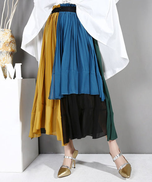 Pleated chiffon patchwork flared skirt