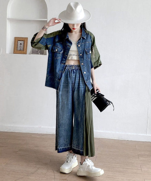 Side Pleat Denim Pants