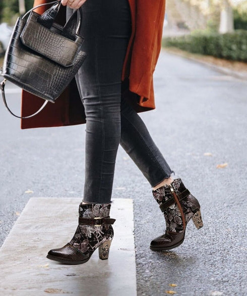 Vintage Floral Pattern Ankle Boots