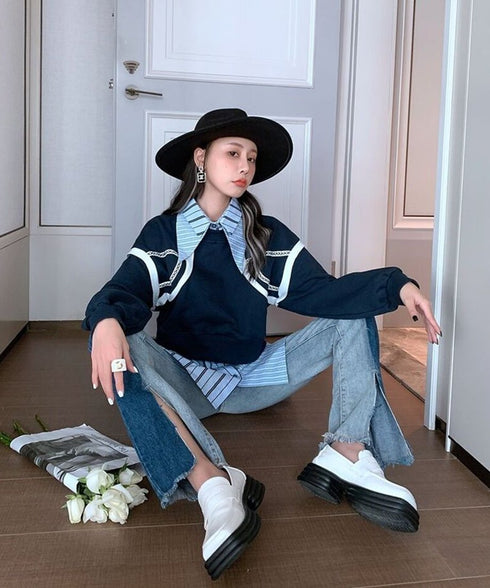 Layered Stripe Shirt Sweat Top