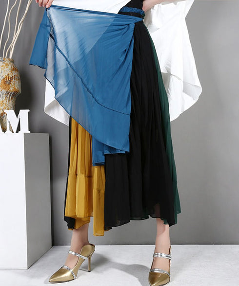 Pleated chiffon patchwork flared skirt