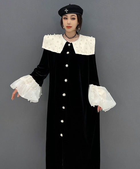 Velvet Pearl Collar Long Dress