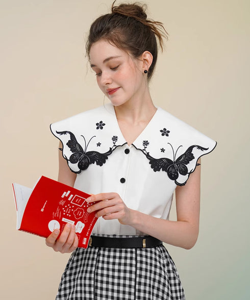 Butterfly Embroidery Collar Blouse