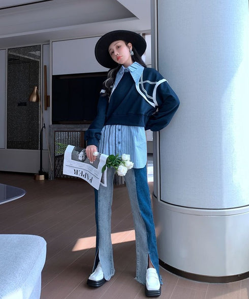 Layered Stripe Shirt Sweat Top