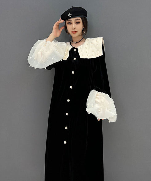 Velvet Pearl Collar Long Dress