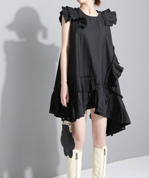 Asymmetric Pleated Frill Dress