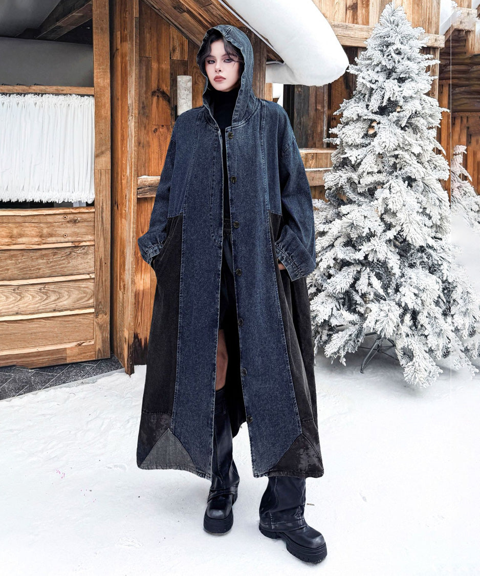 Patchwork Hooded Denim Coat