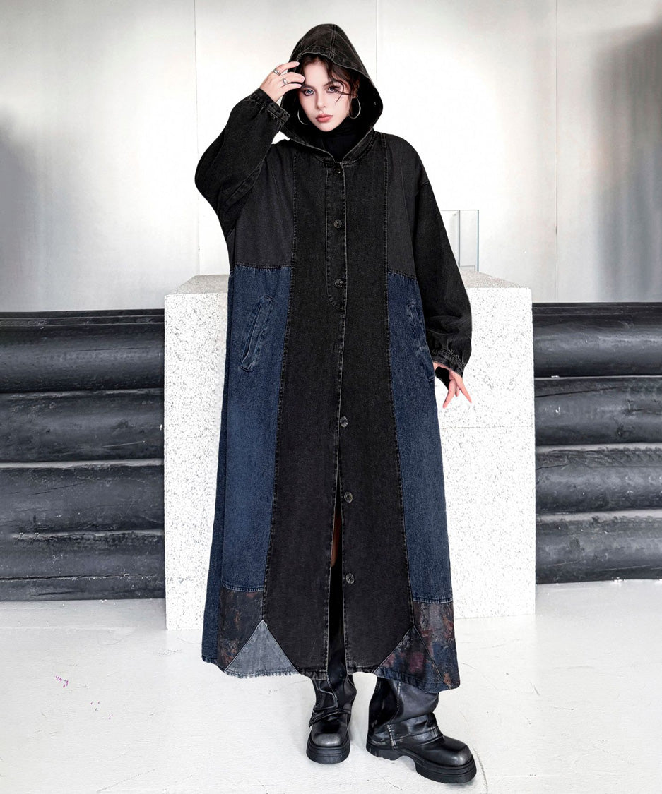 Patchwork Hooded Denim Coat
