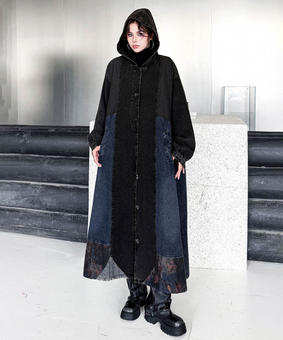 Patchwork Hooded Denim Coat