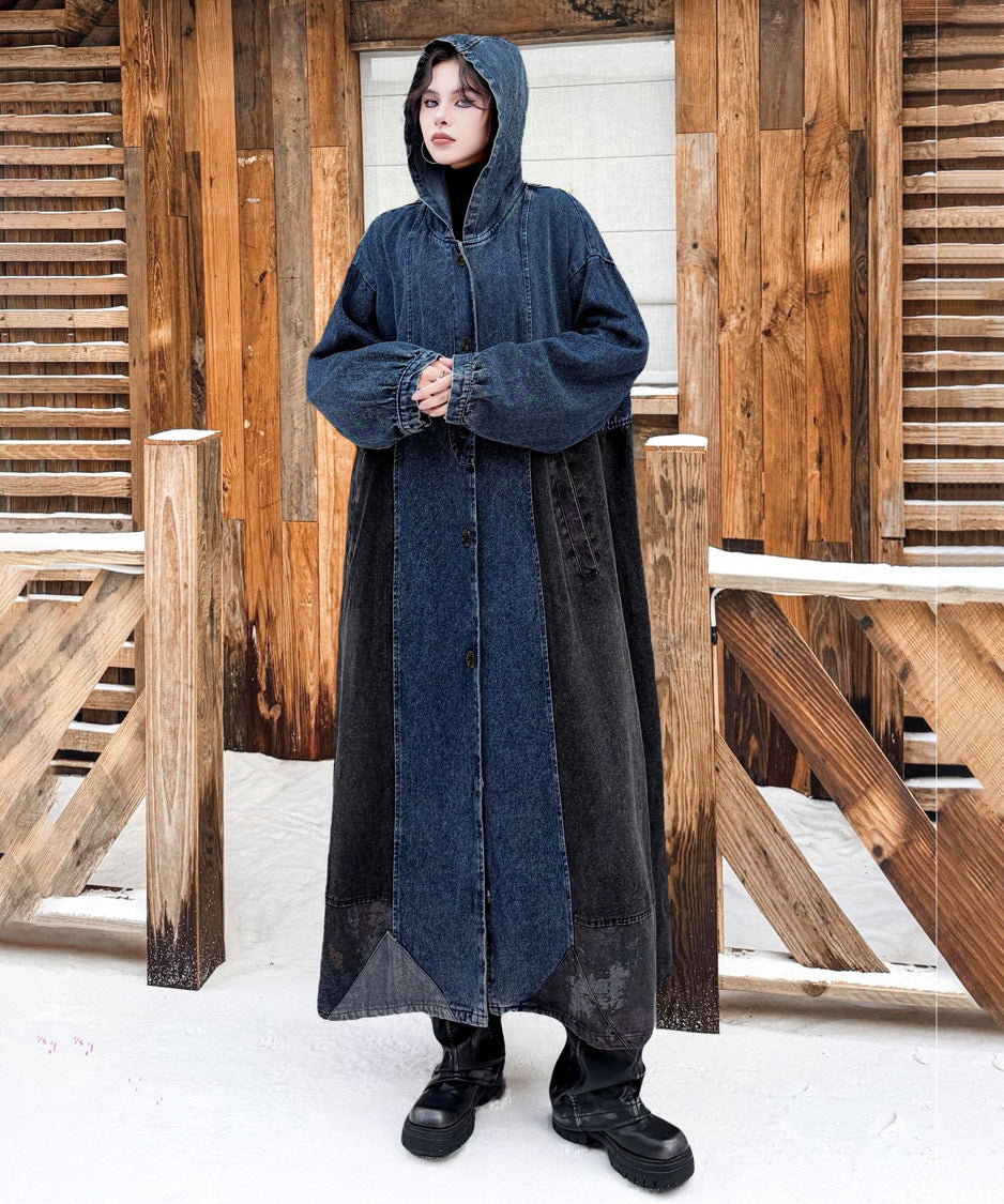 Patchwork Hooded Denim Coat