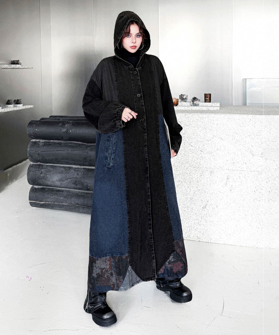 Patchwork Hooded Denim Coat