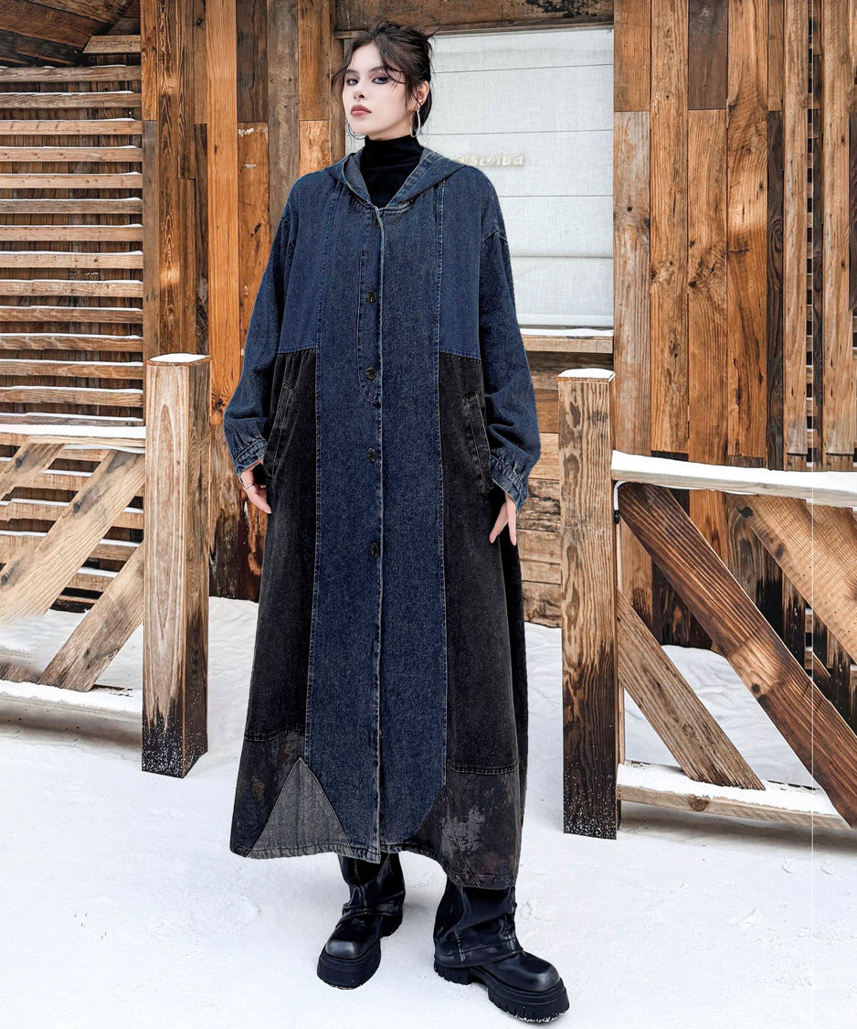 Patchwork Hooded Denim Coat