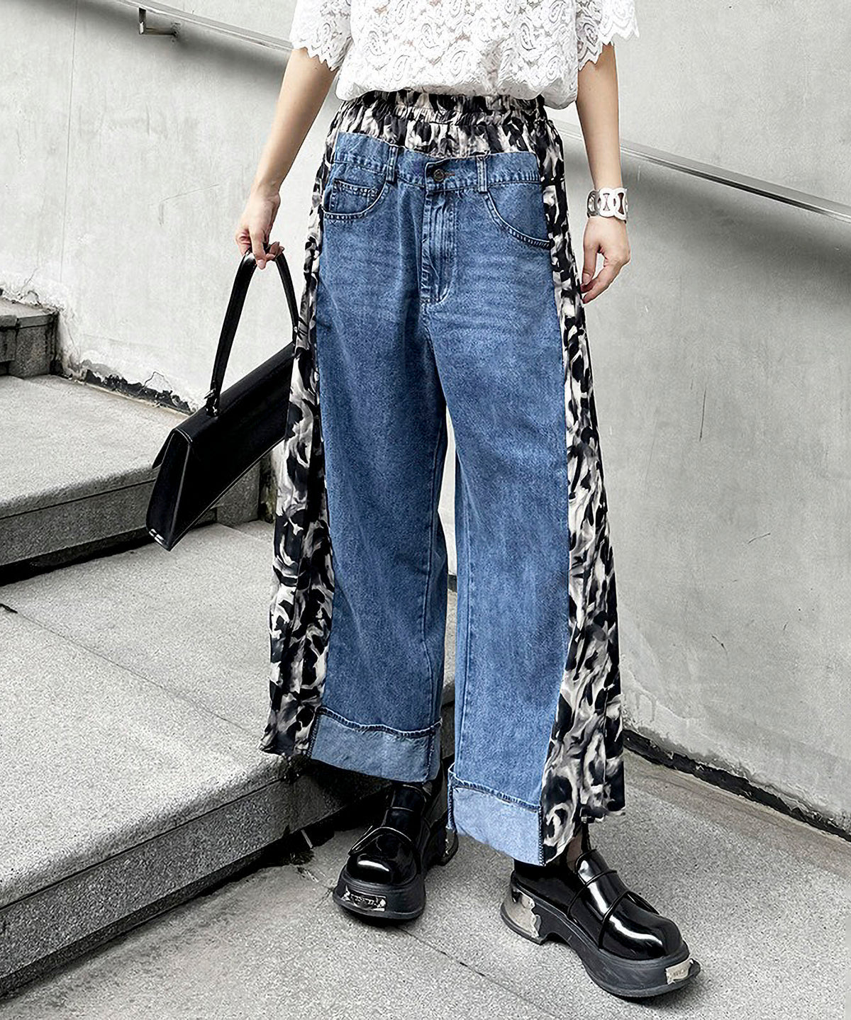 Side Pleated Denim Pants