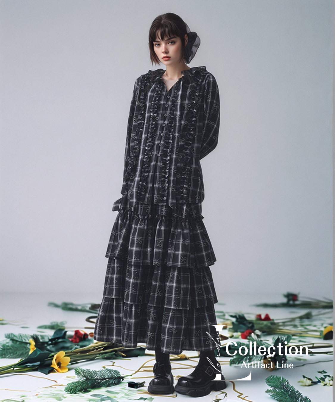Ribbon Check Frill Blouse＆Tiered Skirt Co-ord