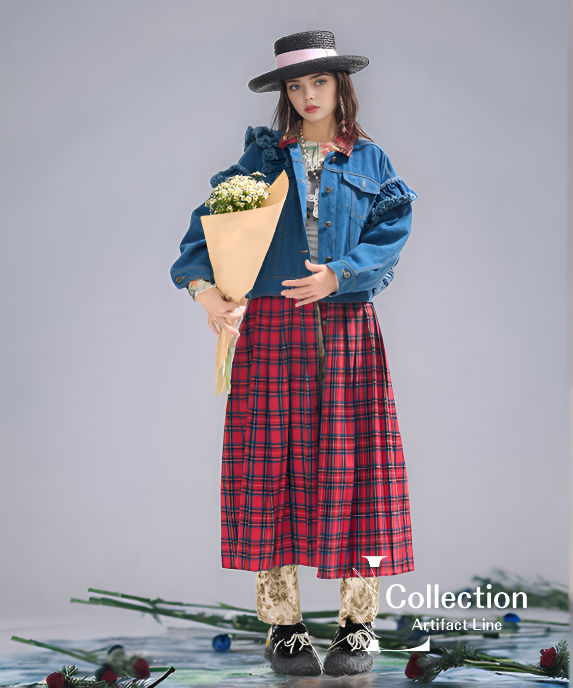 Frilled Denim Check Coat