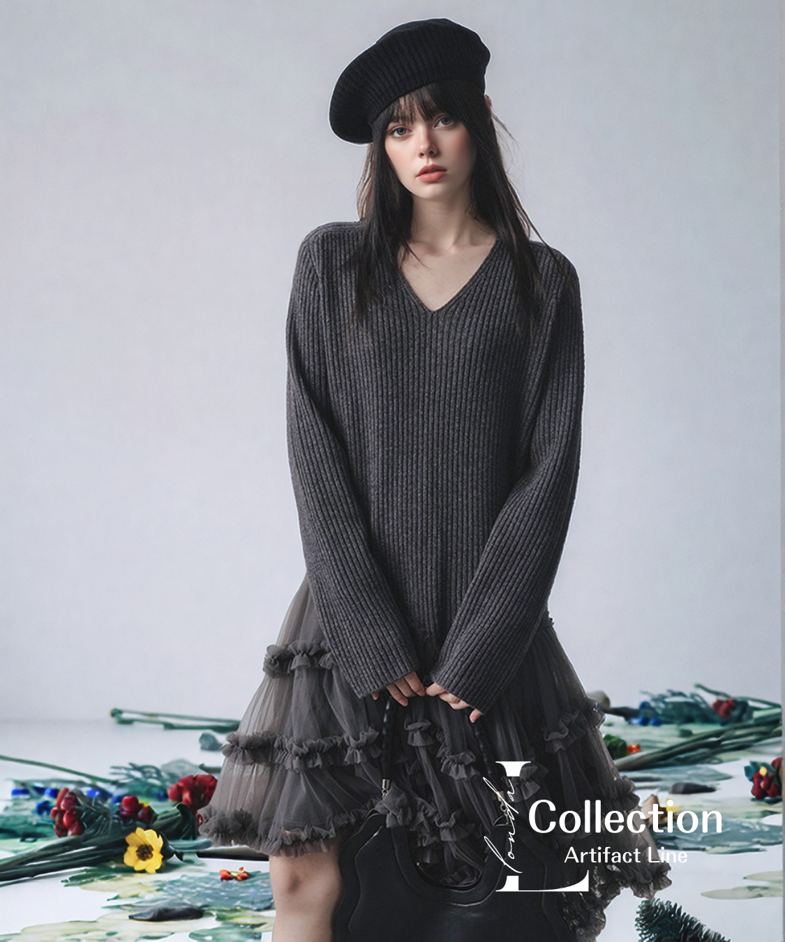 Rib Knit Tulle Layer Dress