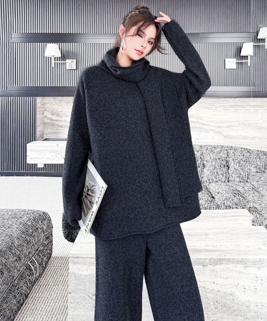 Draped Scarf Culotte Set Gray アップ