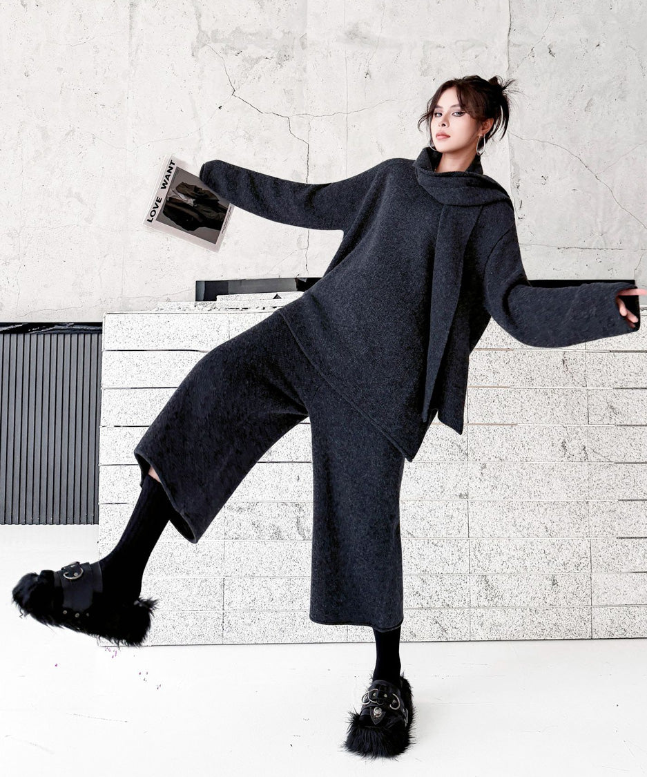 Draped Scarf Culotte Set Gray 正面
