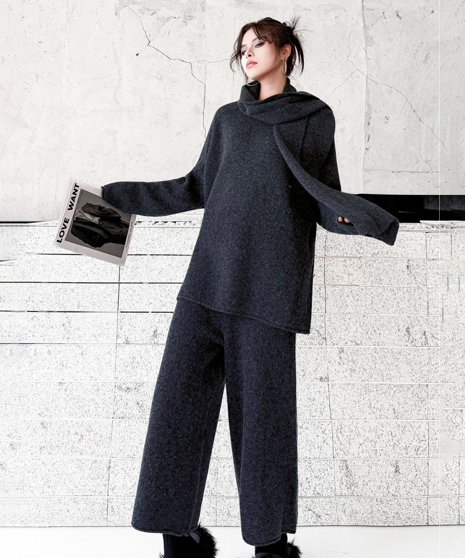 Draped Scarf Culotte Set Gray アップ