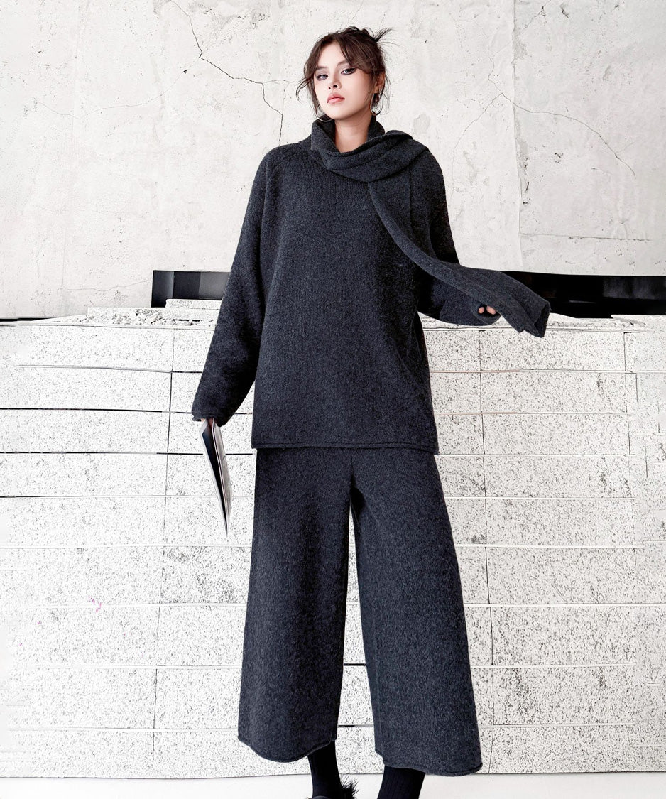 Draped Scarf Culotte Set Gray 正面