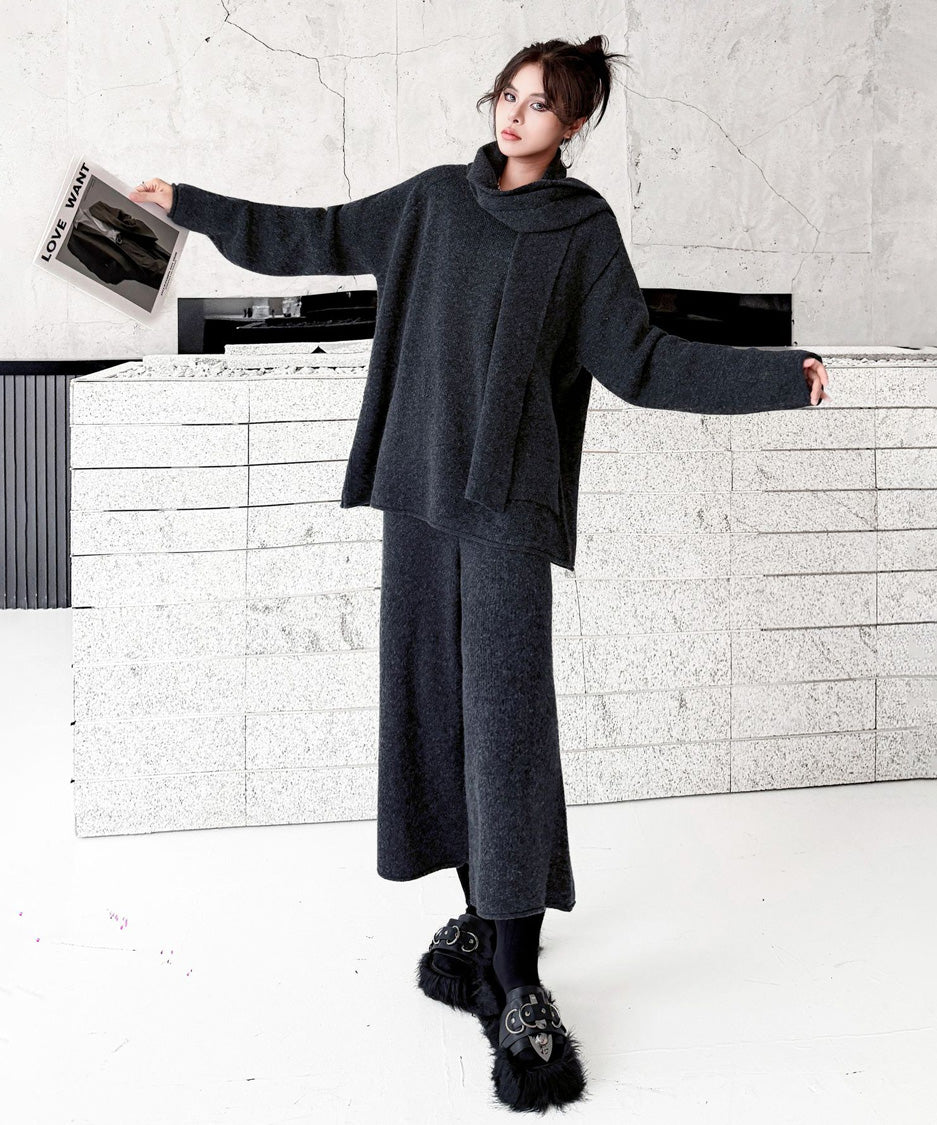 Draped Scarf Culotte Set Gray 正面