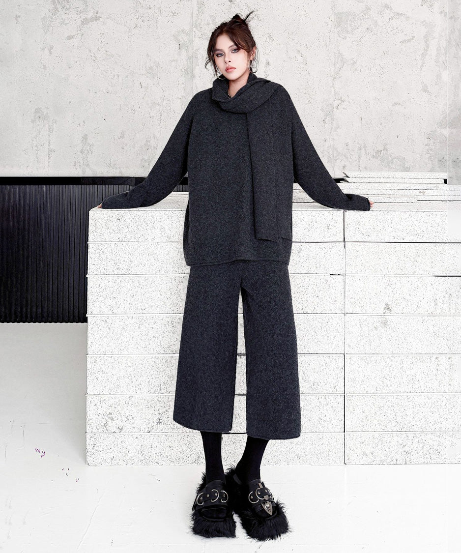Draped Scarf Culotte Set Gray 正面
