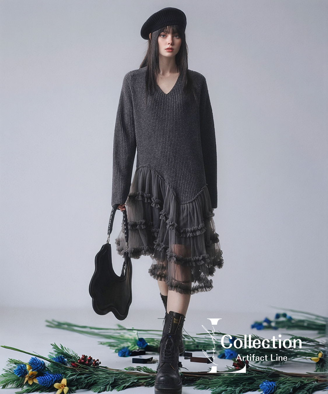 Rib Knit Tulle Layer Dress