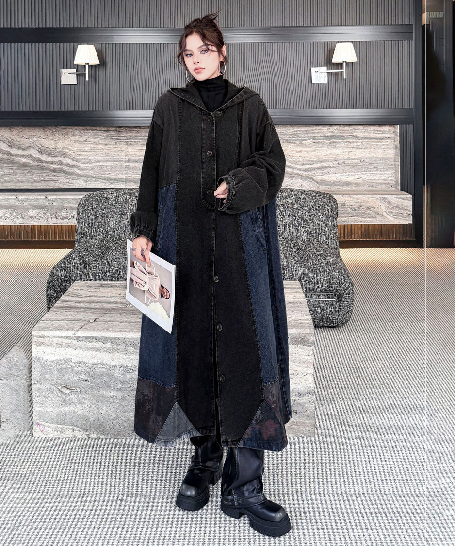 Patchwork Hooded Denim Coat