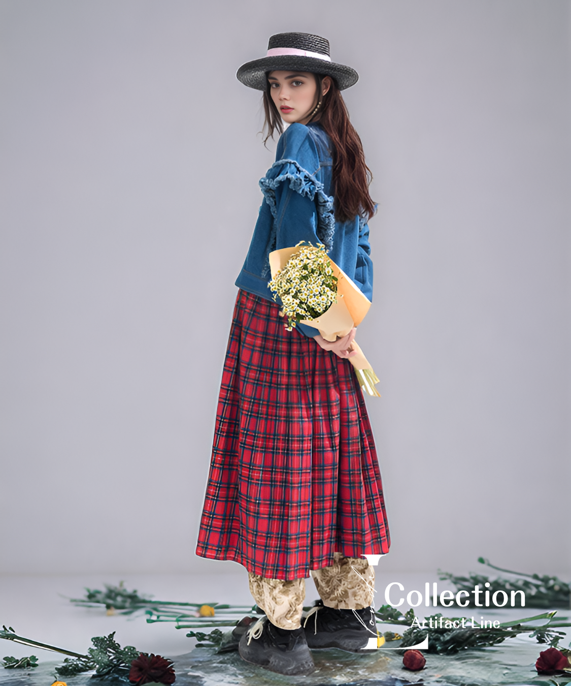 Frilled Denim Check Coat