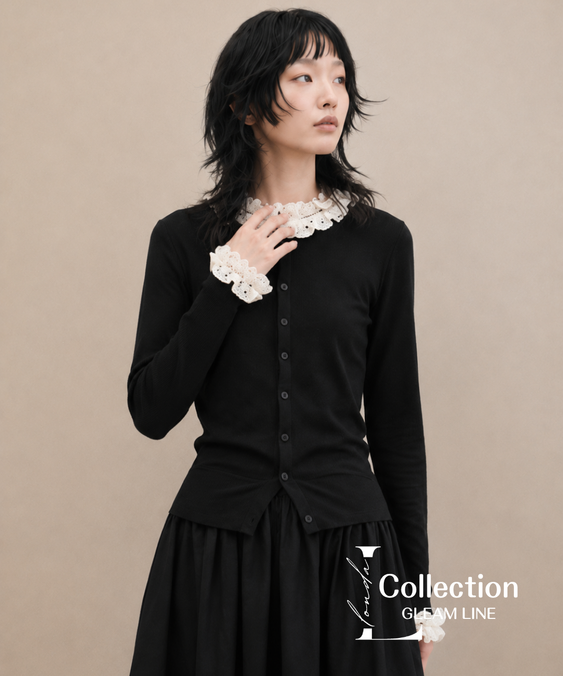 Frill Collar Ribbed Knit Top