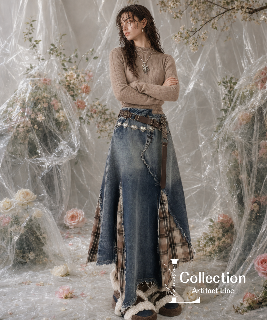 Patchwork Denim Plaid Maxi Skirt