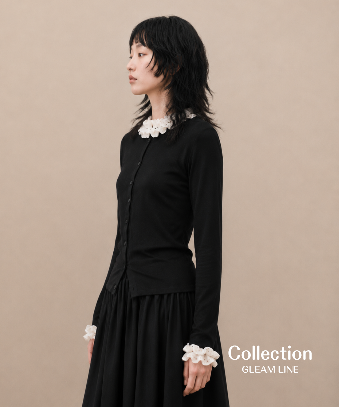 Frill Collar Ribbed Knit Top